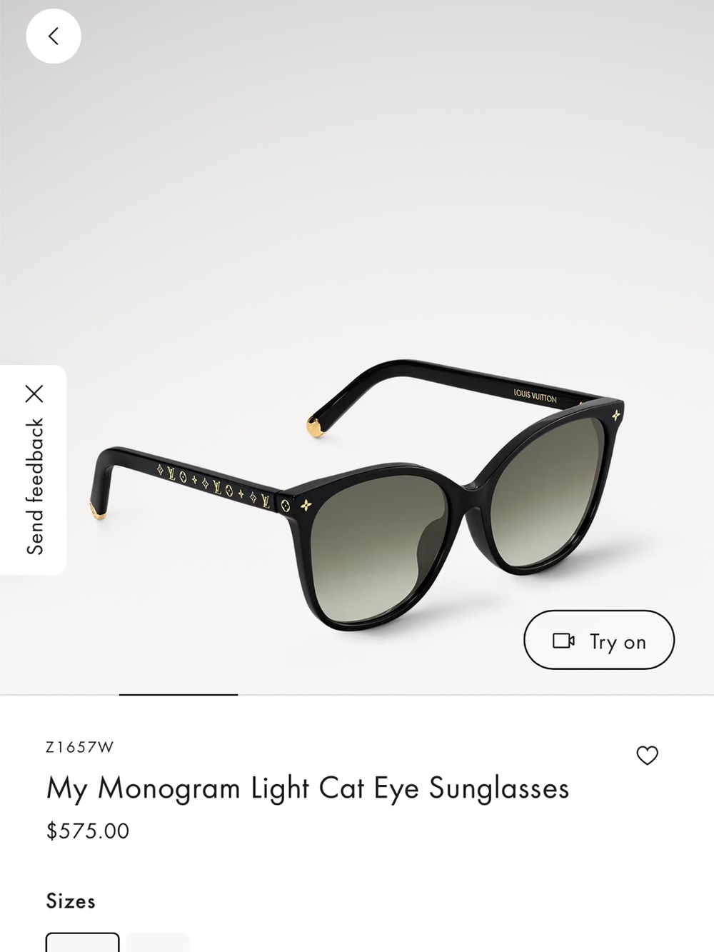 Louis Vuitton Black Cat Eye Sunglasses with Gold Monogram Accents